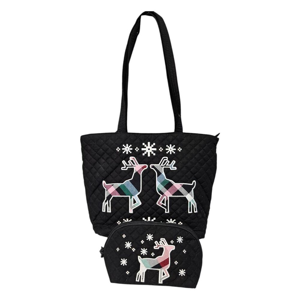 Vera Bradley Black Quilted Tote with Colorful Reindeer and Matching Makeup Bag - Picture 2 of 10